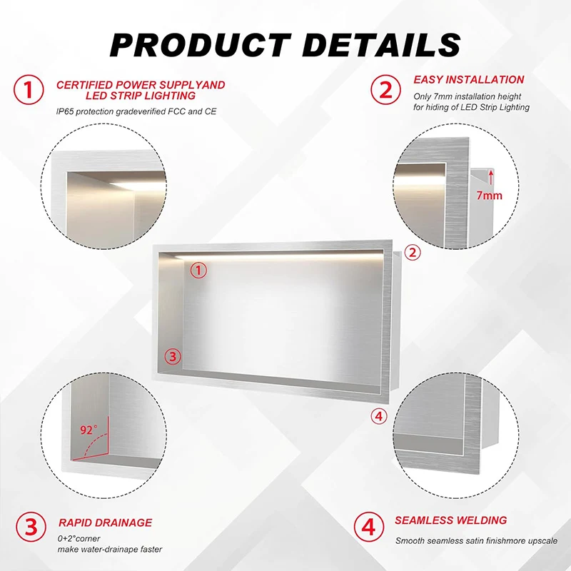 Single-layer stainless steel niche with Light Trough